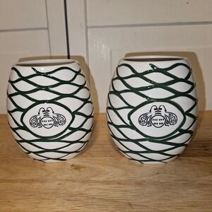 Patron Tequila Ceramic Sipping Cups Set of 2 White Green Agave Bee Logo Tumblers